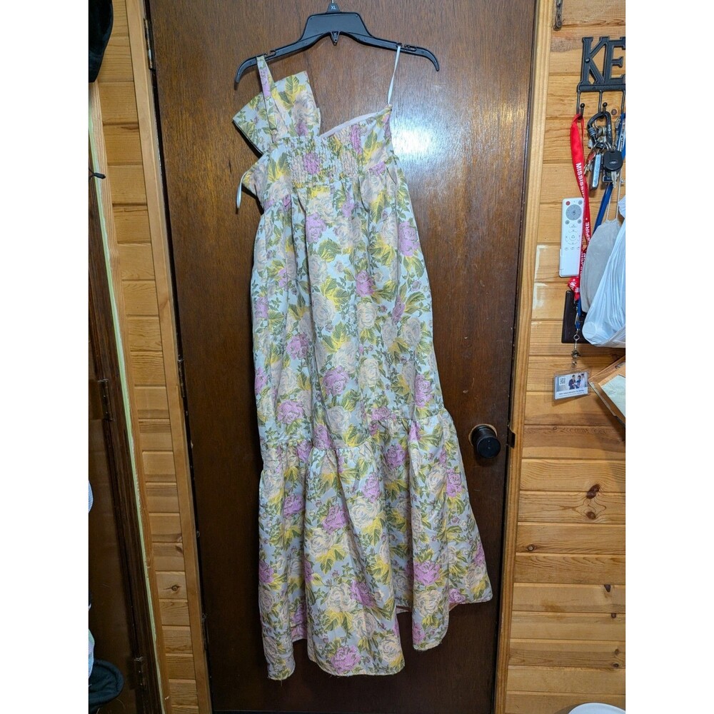 Petal + Pup Floral Brocade Maxi Dress S Small Pink Yellow Bow One Shoulder Pocke - Picture 6 of 9